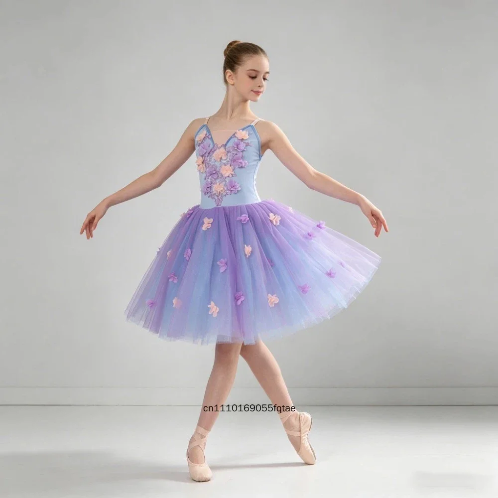 パープルプリンセスフラワーチュールドレス女の子ふわふわボールガウン子供ダンス競技ステージパフォーマンス衣装