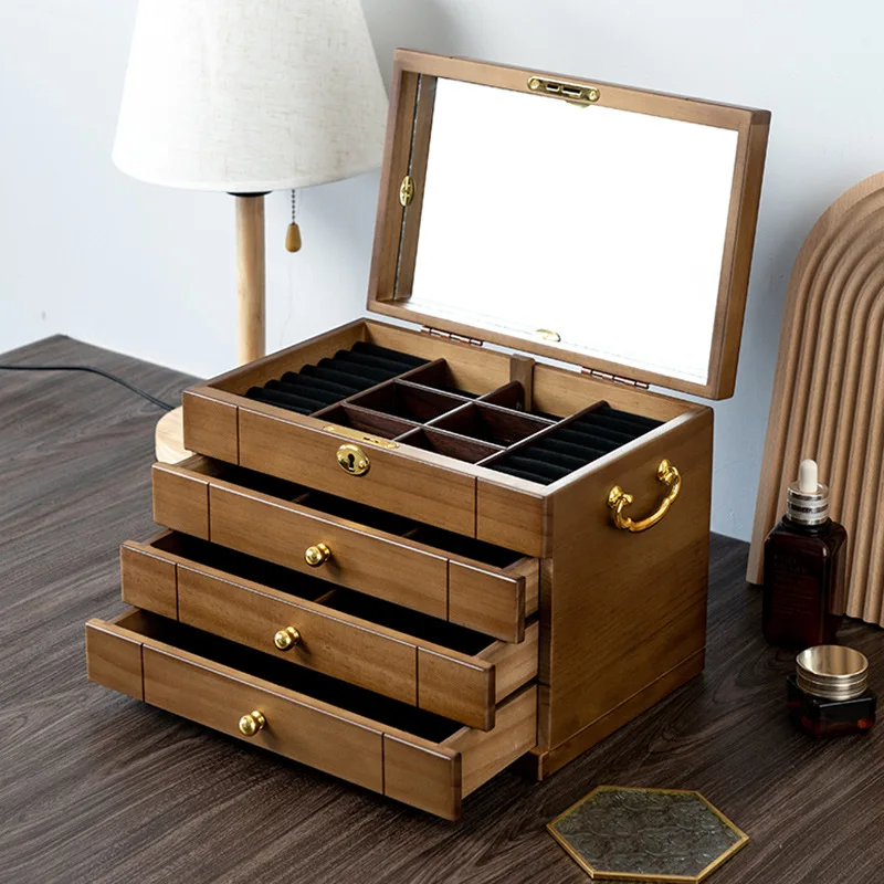 Solid wood jewelry box Vintage with lock storage box Necklace earrings ring finishing wooden storage jewelry box exquisite