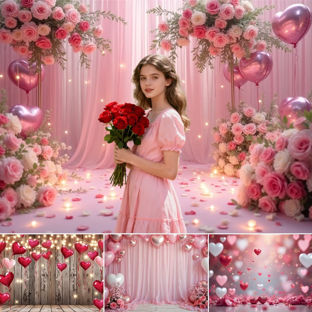 

MOON.QG Balloon Backdrop Wooden Pink Valentine's Day Heart Curtain February 14 Backgrounds For Photographs Couple Shooting Props