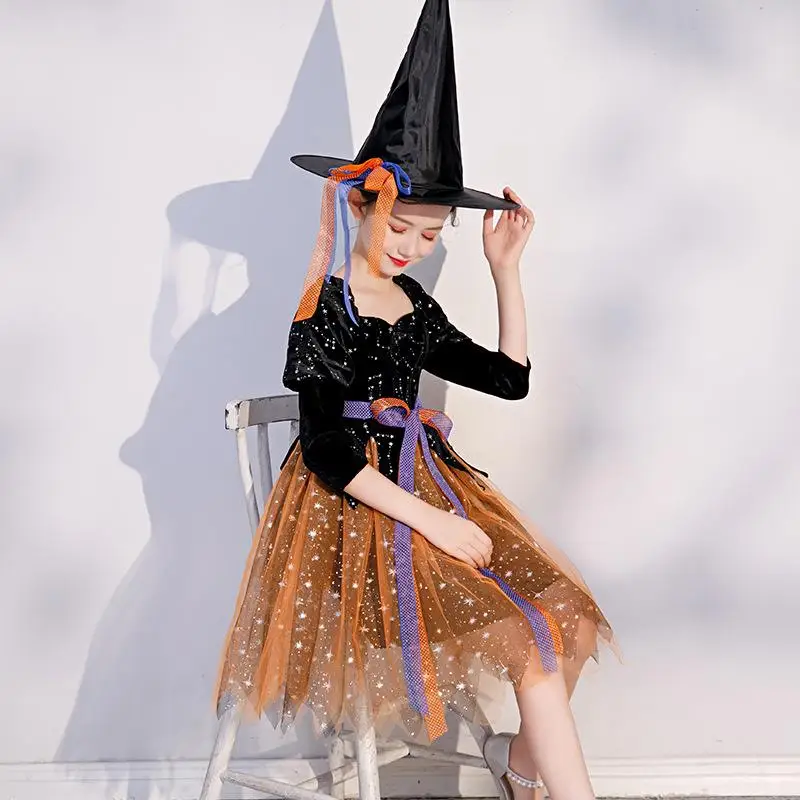

Halloween Witch Costume Performance Suit Set for Kindergarten Children Princess Cosplay Dress Uniform Polyester Material