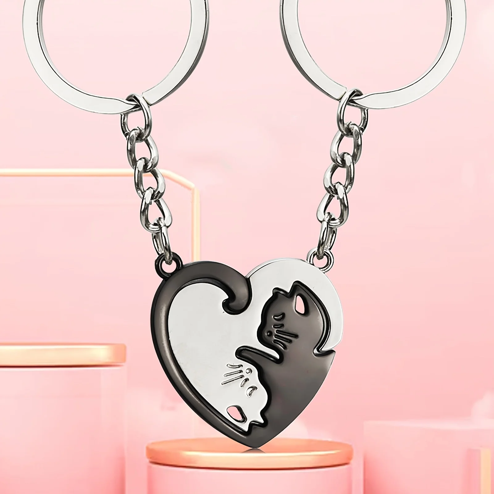 Interlocking Cat Heart Matching Couple Keychains Black Silver Split Puzzle Key Ring Romantic Distance Lover Gift Cute Animal Bag Key Pendant For Women Men image 7