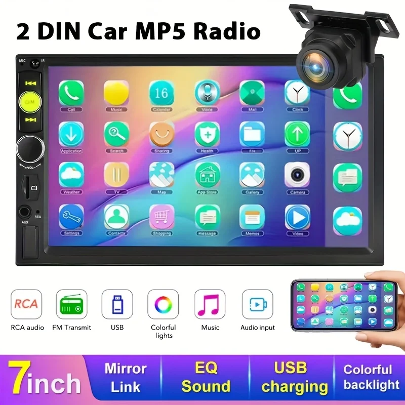 

2Din EQ Car Stereo 7" LCD Screen Car Radio with Wireless FM, MP5 Player with USB/SD/AUX Input/Mirror Link with Reverse Camera