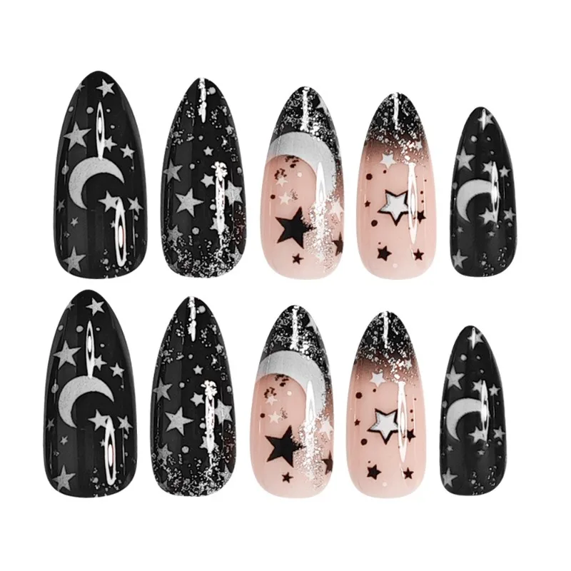 24 Stück Glitzernde Schwarze Französische Kunstnägel mit Einfachen Mond- und Sternmustern, Süße Coole Aufklebenägel, Tragbare Mandel-Kunstnägel für Frauen