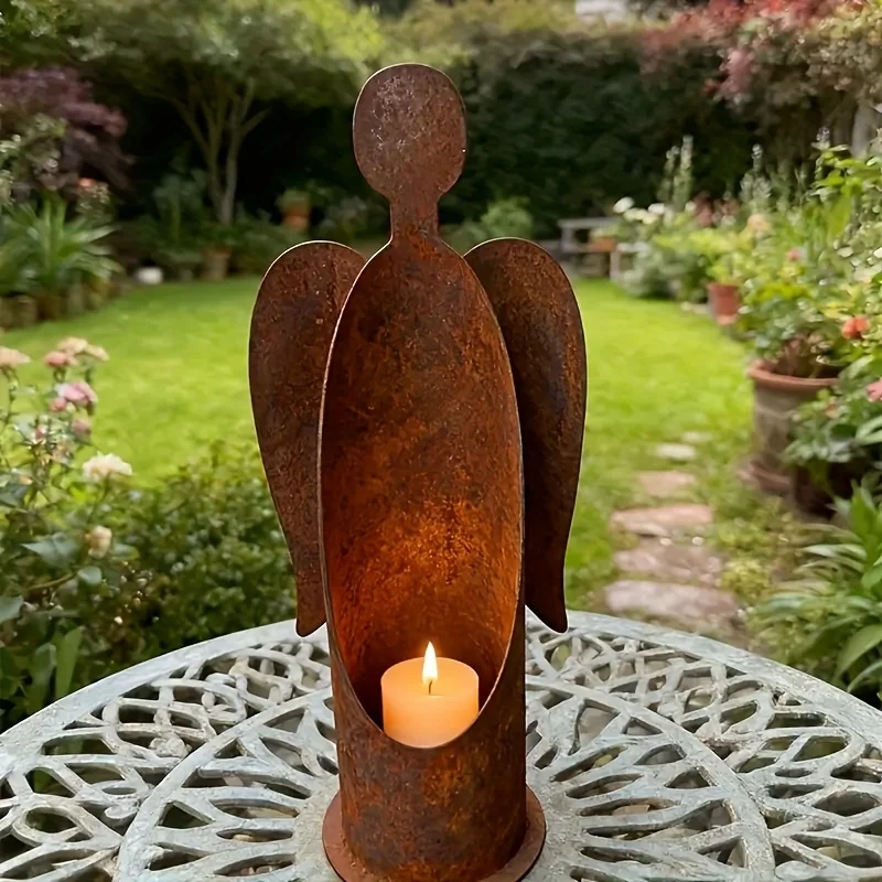 Winged metal rust-colored angel candlestick, statue decoration, candlestick, flower pot, garden decoration, Christmas decoration