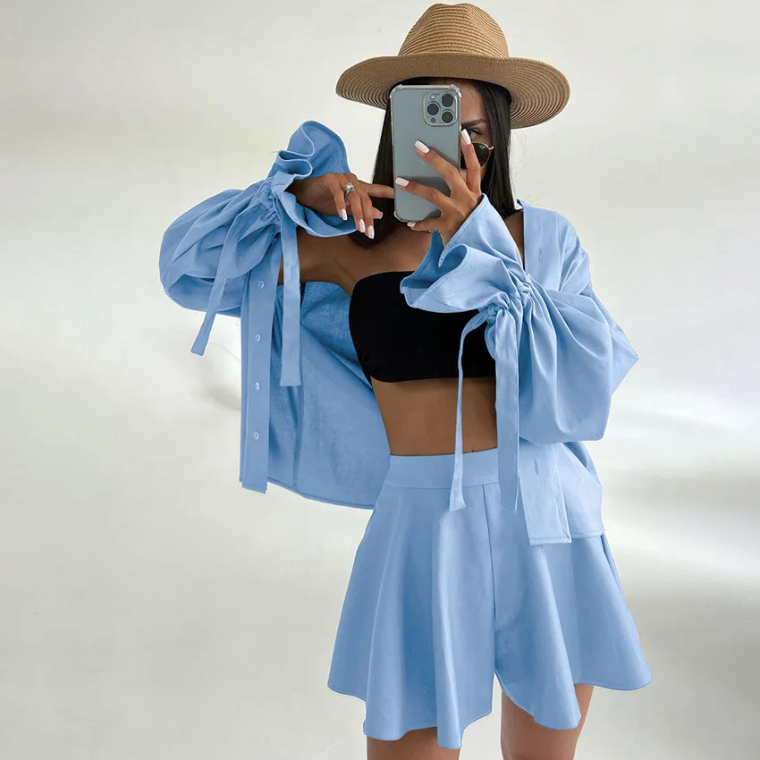 

Chic Flare Sleeve Shirts + High Waist Shorts Set 2024 Single Breasted Blouse Tops And Trouser Summer Women Outfits 2 Piece Set