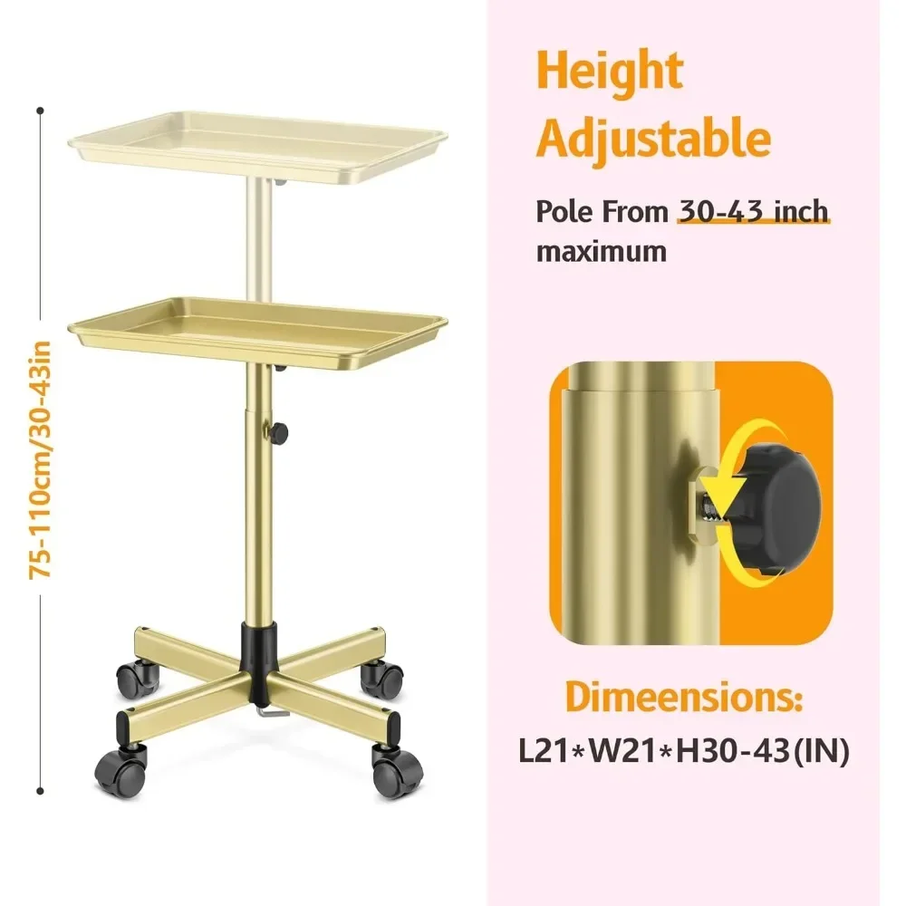 Salon Tray on Wheels - Premium Aluminum Tattoo Tray Rolling Trolley - Adjustable Service Rolling Tray Hairdresser Cart(bronze)