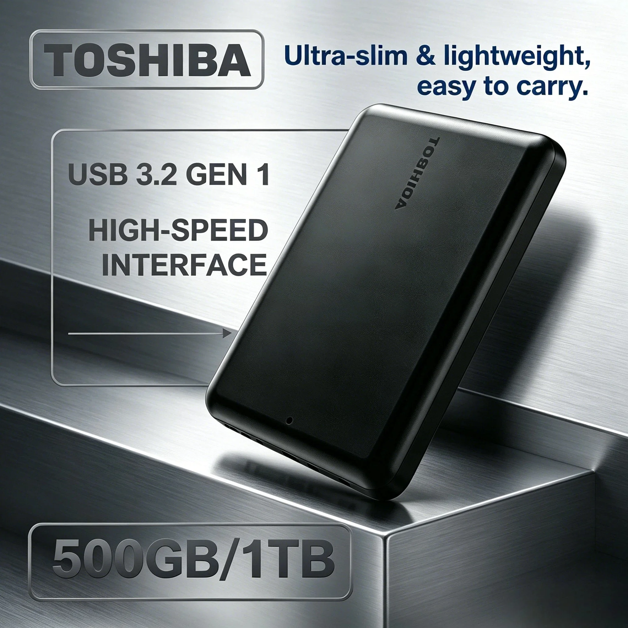 

Toshiba A5 Series Small Black Portable HDD High Speed USB 3.2 Gen1 500GB 1TB 2TB 4TB Compatible with Mac Ultra 4K Plus