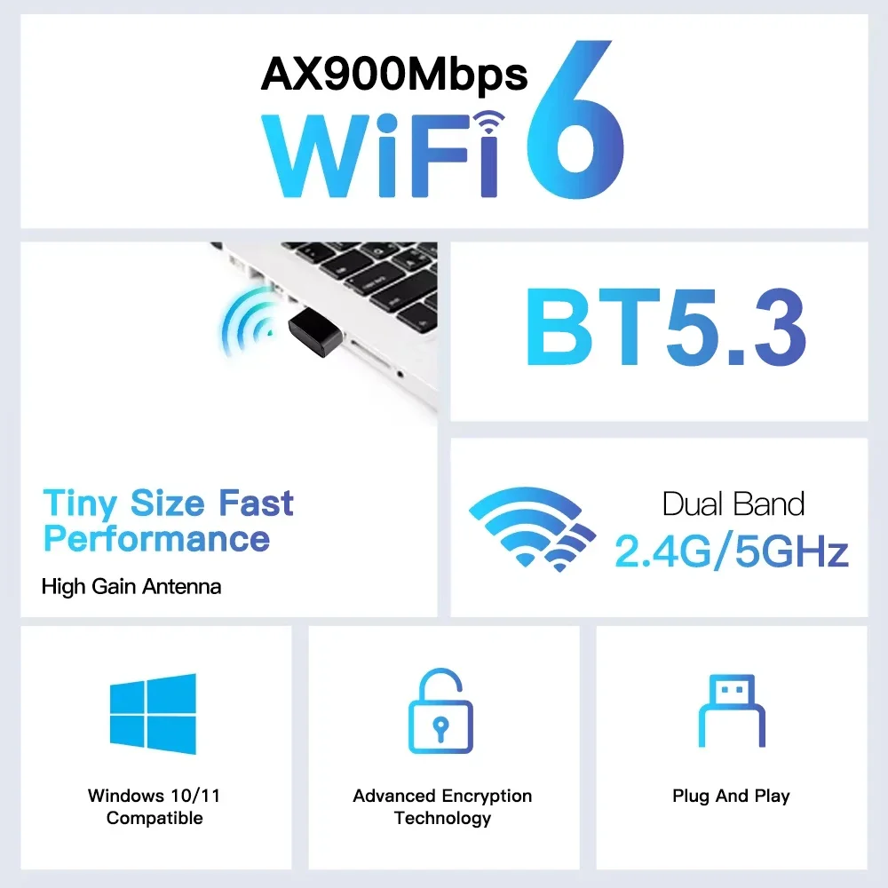 AX900 USB WiFi 6 Bluetooth 5.3 Адаптер 2 в 1 Двухдиапазонный сетевой беспроводной приемник 2,4G 5 ГГц Драйвер бесплатно для Windows 10/11