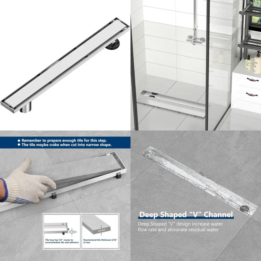 

Offset Linear Shower Drain 48-Inch with Tile Insert Grate Cover, Brushed Stainless Steel Rectangle Side Outlet for Modern Bathro