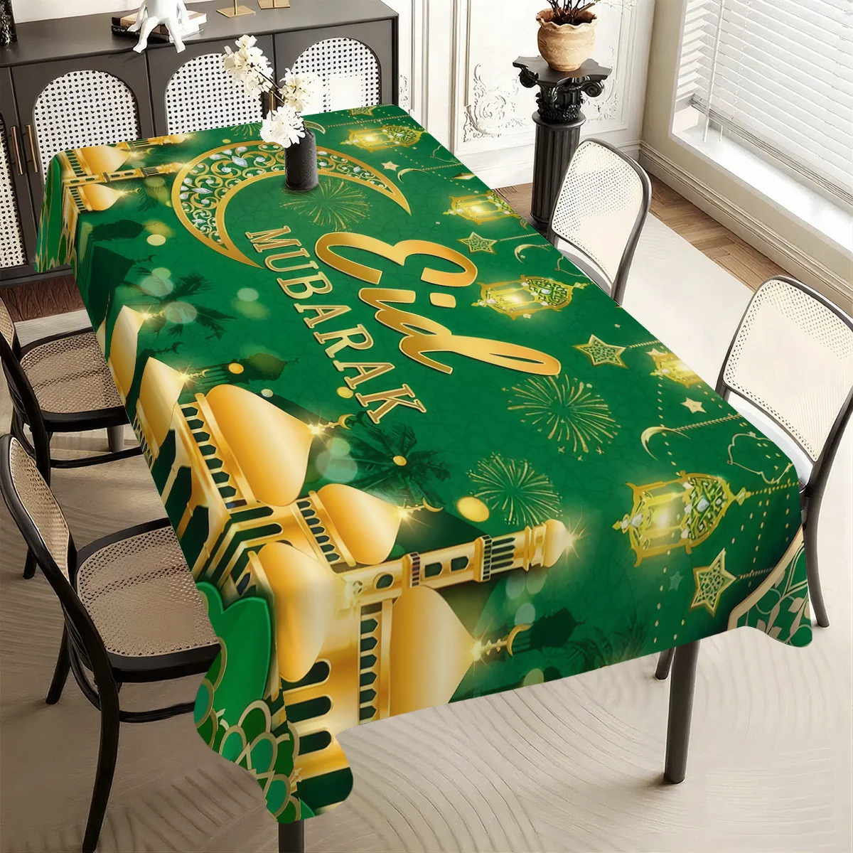 1pc Classic Golden Lantern Crescent Moon Pattern Foldable Easy Storage Eid Tablecloth Suitable For Kitchen Dining Room