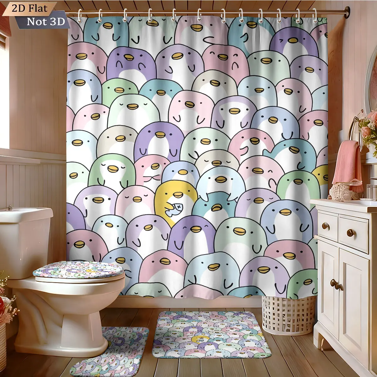 

4pcs Cartoon Cute Animal Printed Bathroom Set Waterproof Privacy Shower Curtain with 12 Hook U-shaped Pad Floor Pad Toilet Pad