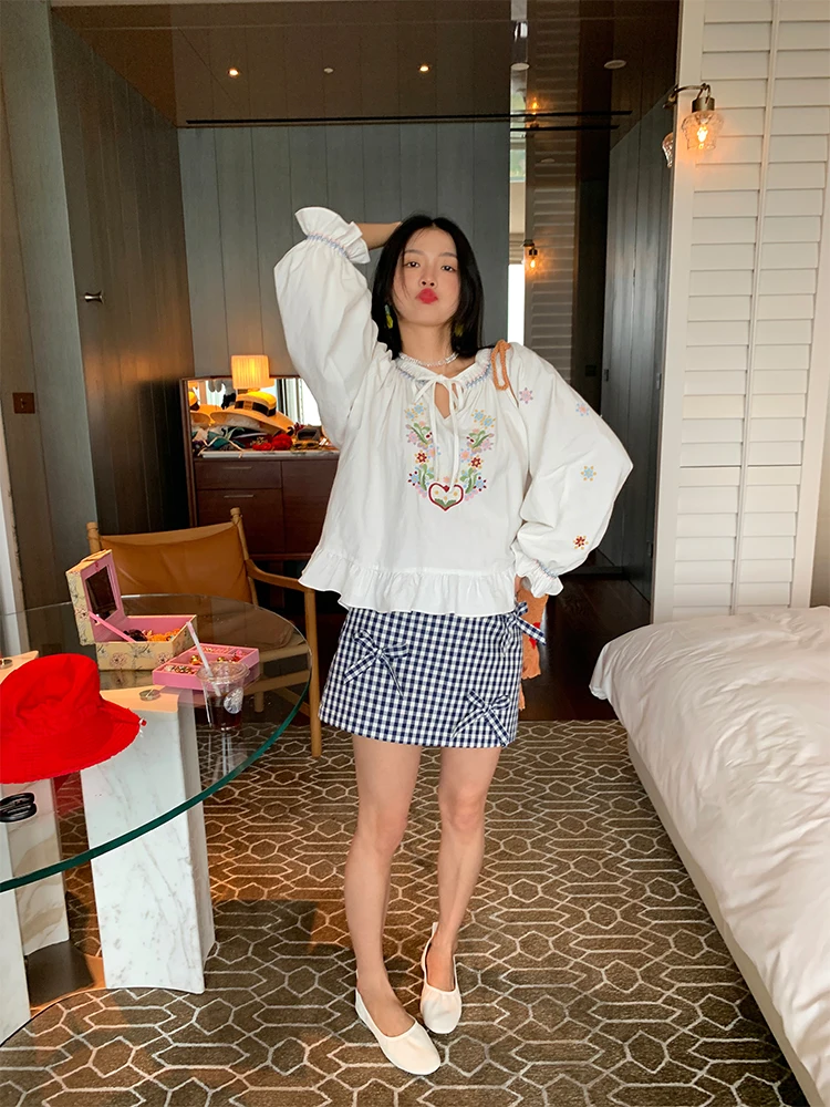 Юбка-трапеция женская, новый дизайн 2025 года, клетчатая юбка с запахом и узлом, креативная персонализированная юбка из полиэстера и хлопка...