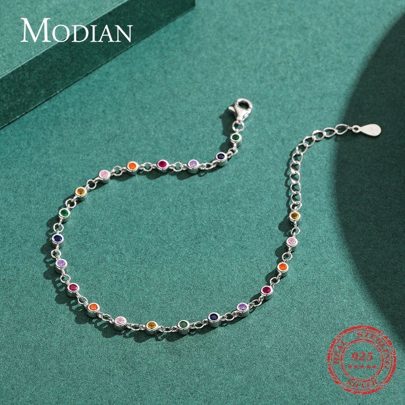 MODIAN-Estilo Bohemia Pulseira com Corrente para Mulheres, Real 925 Sterling Silver, Cor Arco-Íris, CZ, Moda Feminina, Acessório Jóias