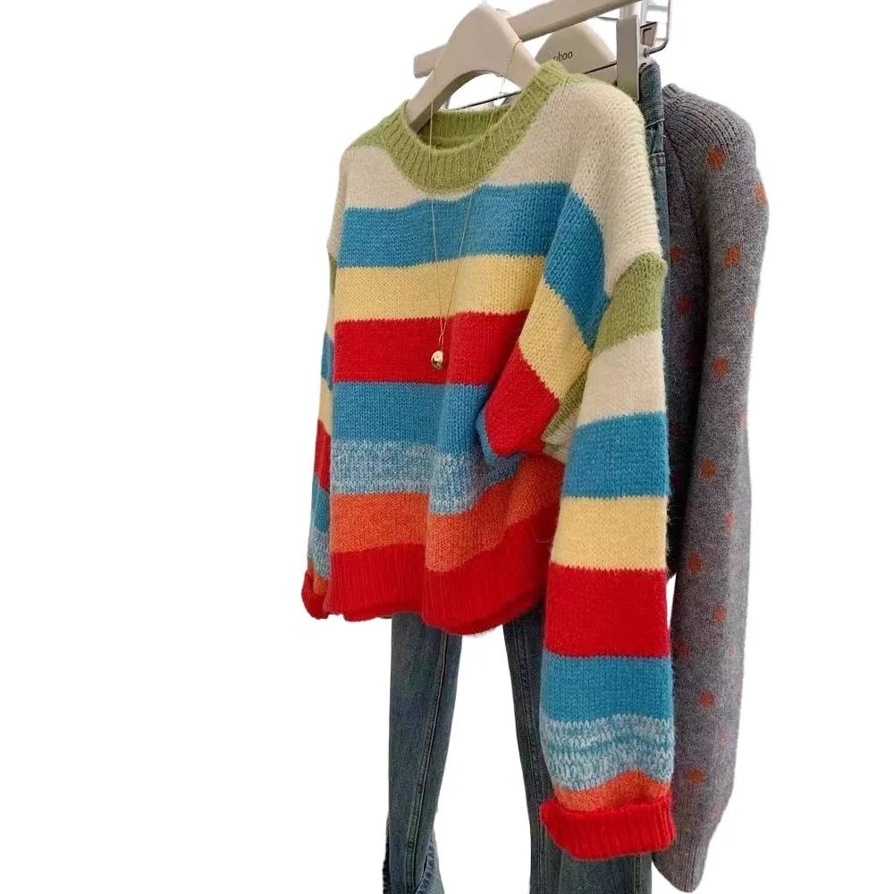 

Spring and Autumn 2026 Color Striped Crew Neck Long Sleeve Pullover Sweater Knitted Sweater Premium Contrast Colour Splicing Top