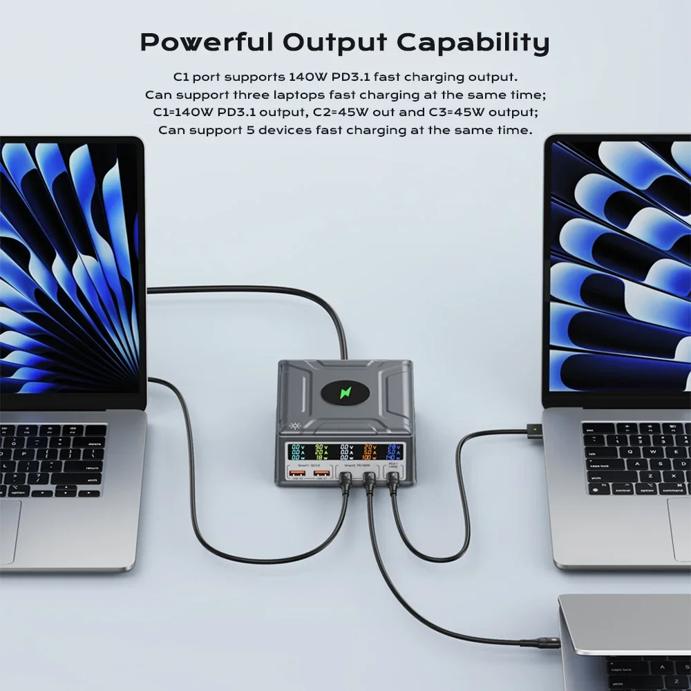 260 واط GaN USB C شاحن شاشة ديجيتال سطح المكتب USB نوع C شاحن 140 واط PD3.1 PPS QC4.0 شاحن لاسلكي لأجهزة الكمبيوتر المحمول اللوحي الهاتف