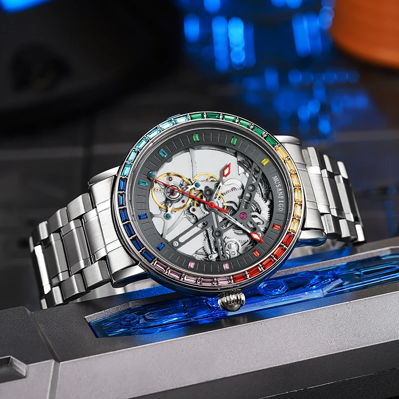 MUSANFIGO new hollowed out fully automatic mechanical watch for men, color diamond stainless steel luminous waterproof watch