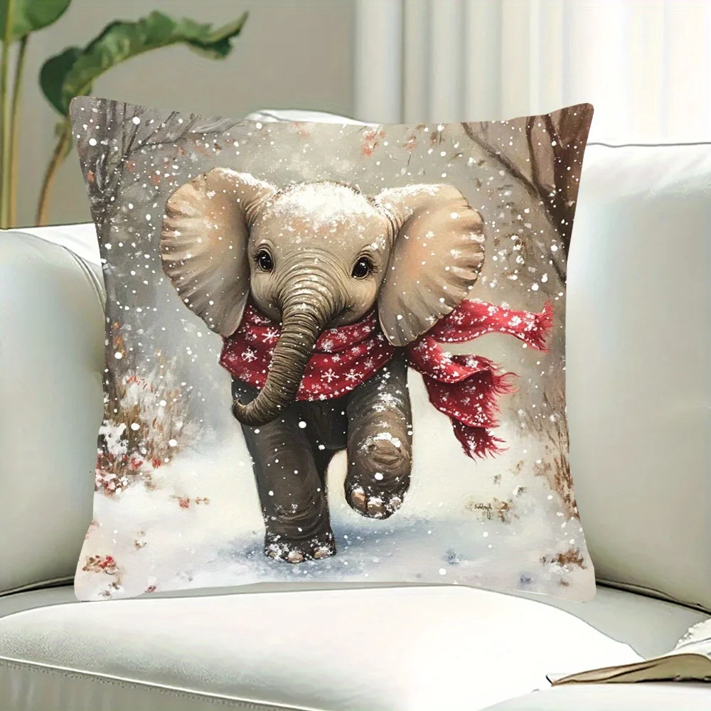 Ellie the Elephant Merry Christmas Double Sided Pillowcase Zippered Throw Cushion Cover Sofa Bedroom Decor