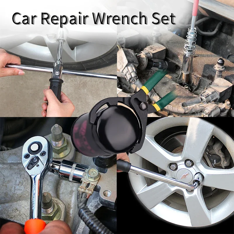 Car Repair Wrench Full Set Tire Repair Oil Filter Removal Multipurpose Cross Wrench Ratchet Socket Wrench Spark Plug Spanner