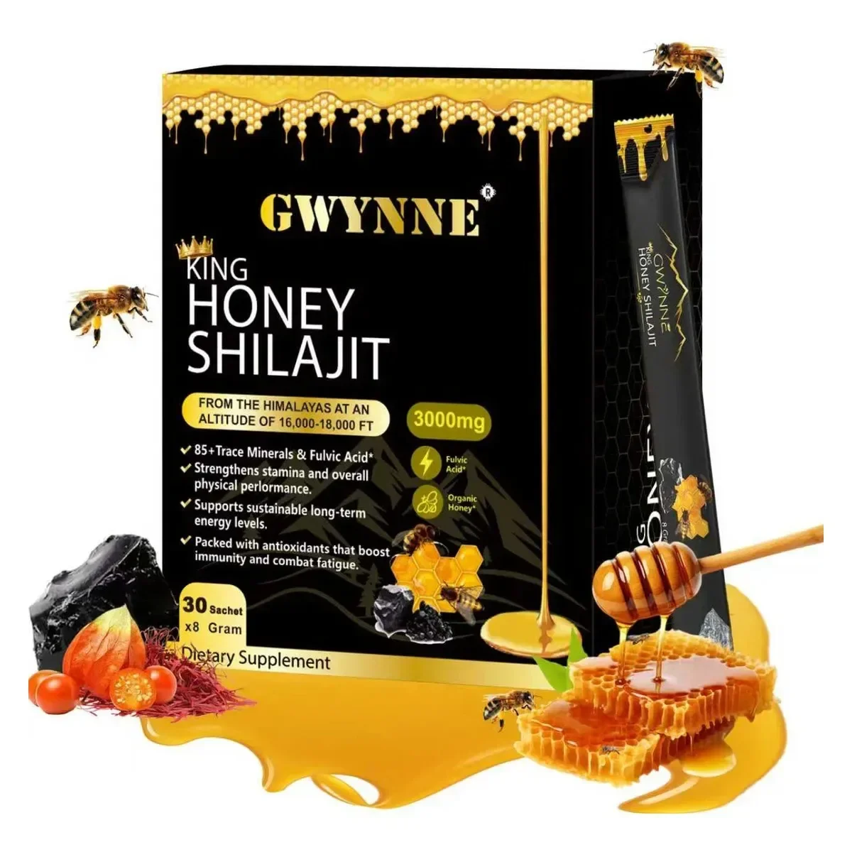 GWYNNE - Shilajit Honey Sticks - Himalayan Supplement with Organic Honey-30 Sticks-Natural Energy, Physical Stamina and Mental Clarity-Antioxidants-Immune Support - Ideal for Sports and Active Living-Men and Women