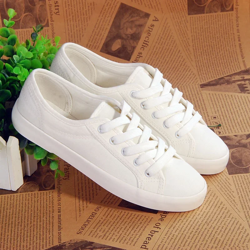 Unisex White Canvas Shoes Casual Summer Vulcanized Shoes Lace-up Students Cloth Shoe Women\'s Flats Sneakers Women Board Shoes