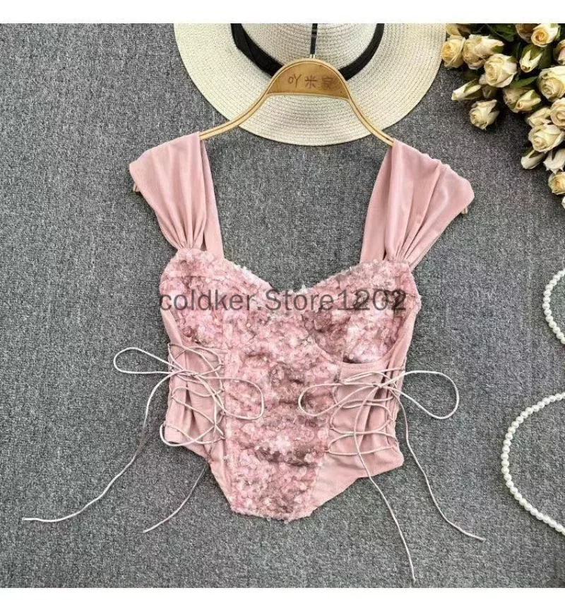 Gorset damski Top Y2K Odzież Lolita Ruffles Flower Lace Tank Top Summer French Tube Tops Cute Clothes Pink Crop Tops — zdjęcie 4