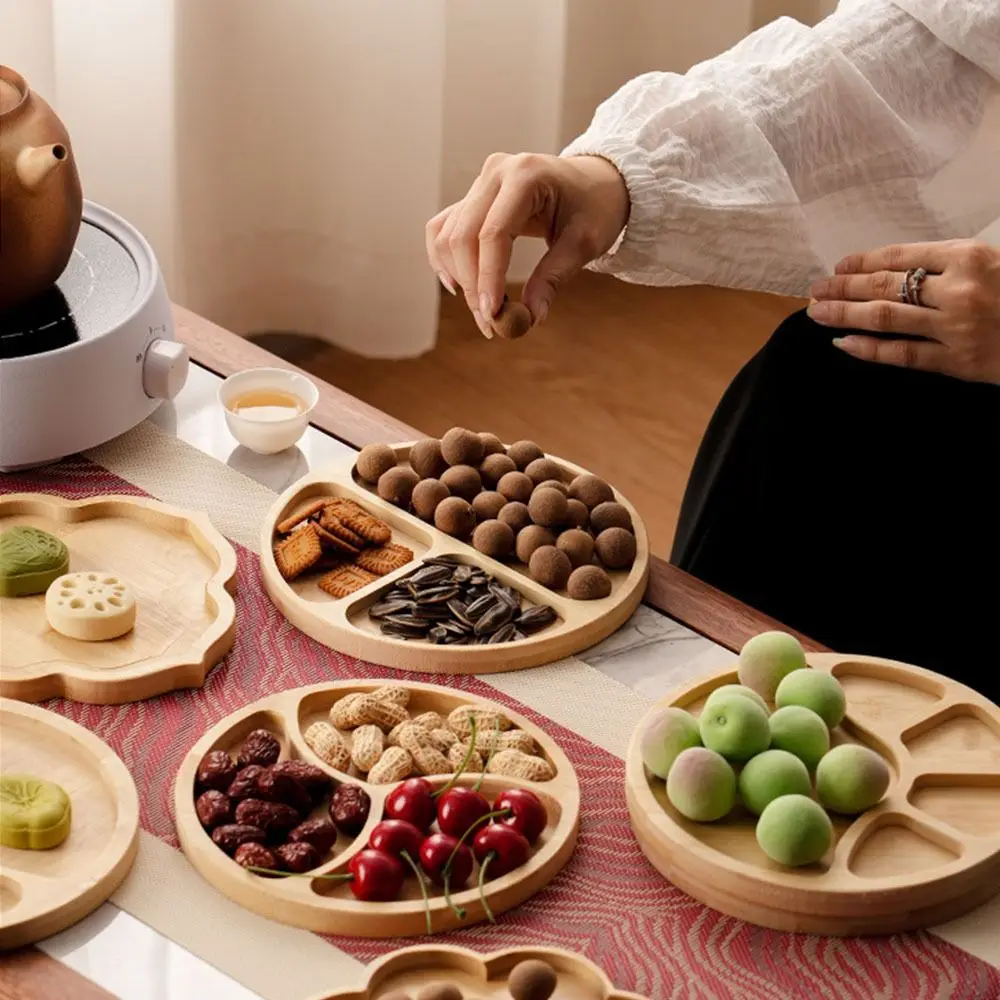 Round Wooden Divided Fruit Tray Nut Platter Handcrafted Food Storage Tray Wooden Multi-cell Fruit Snack Plate Serving Platter