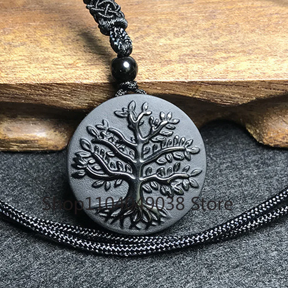 Natural Black Obsidian Necklace Tree of Life Pendant Amulet Healing Jewelry for Men Women Boys and Girls