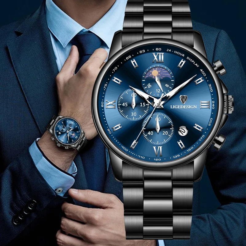 

LIGE Fashion Mens Watches Luxury Silver Stainless Steel Quartz Wrist Watch Man Business Watch for Men Calendar Clock Relojs+Box