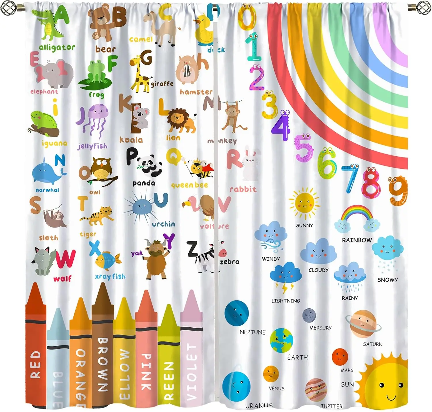 Alphabets ABC Curtains for Kids,Education Learning Rainbow Crayons Alphabet Colors Animals Numbers Galaxies Window Treatments