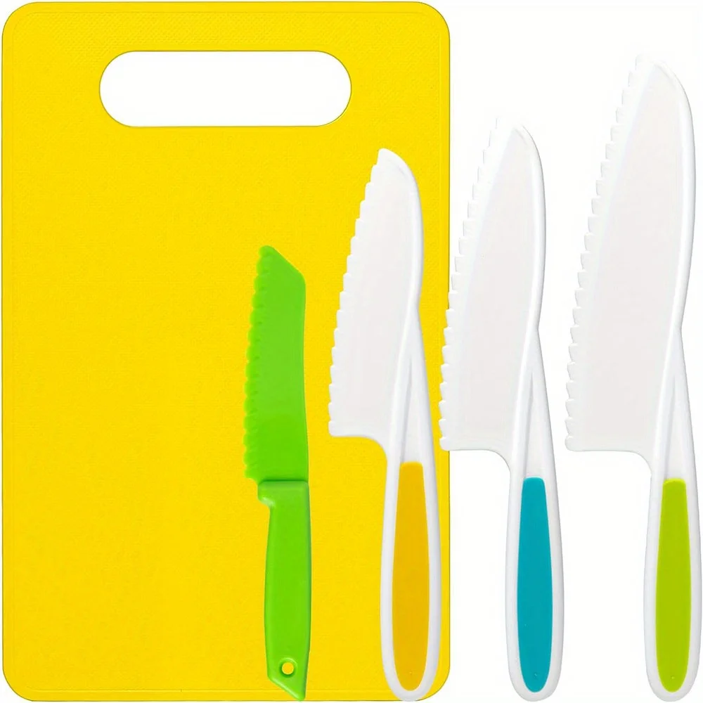 

5pcs, Plastic Cutting Board And Serrated Knife Set, Baking And Cooking Tools, Kitchen Supplies