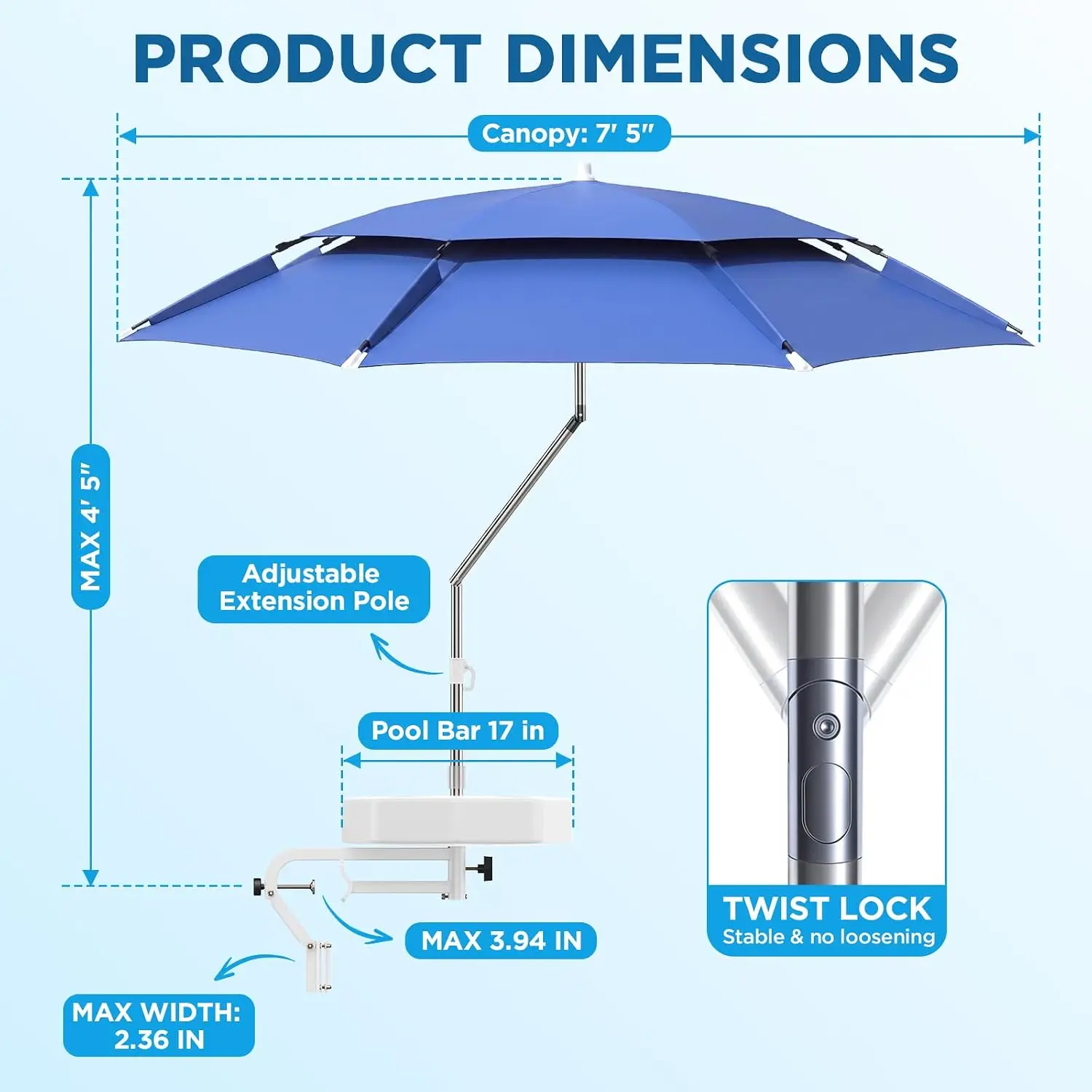 Above Ground Pool Umbrella With Cup Holder Table, Heavy Duty Rust Proof Clamp Canopy Shade, Height Adjustable Extendable Pole For Metal Frame Pools Patio Backyard, Blue