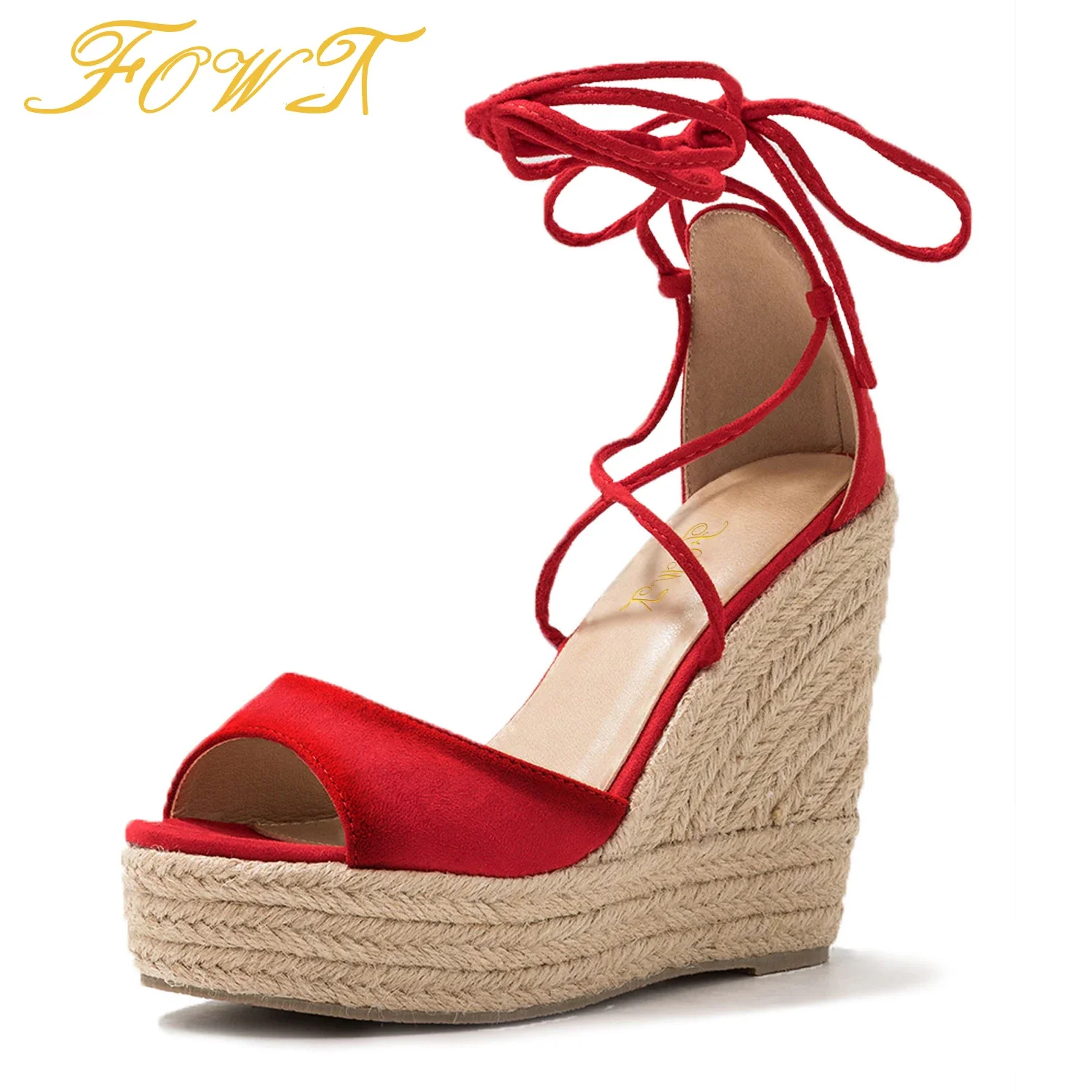 

Red High Wedges Heels Platform Ankle Strap Sandals Woman Large Size 11 16 Dress Fashion Ladies Shoes FOWT