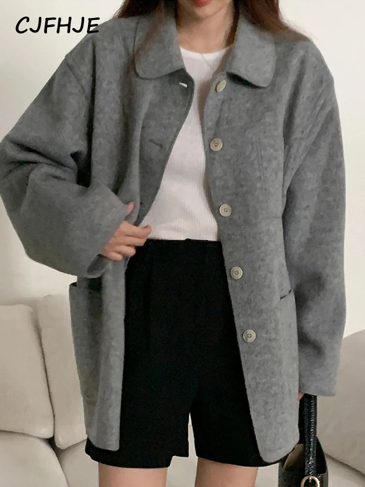 

CJFHJE Grey Single Breasted Coats Women Fashion Vintage Long Sleeve Turn Down Collar Wool Coat Casual Solid Color Loose Jackets