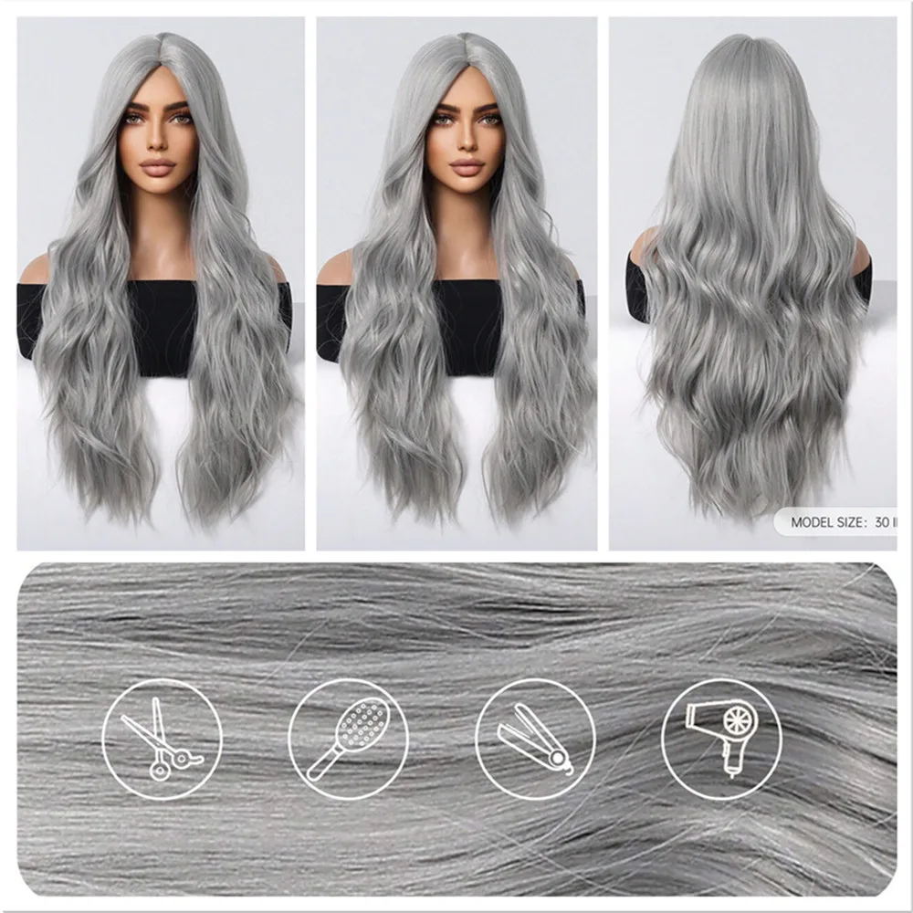 ALAN EATON Sliver Gray Wavy Synthetic Wigs for Women Long Natural Layered Wig Middle Part Daily Wig Party Heat Resistant Hair