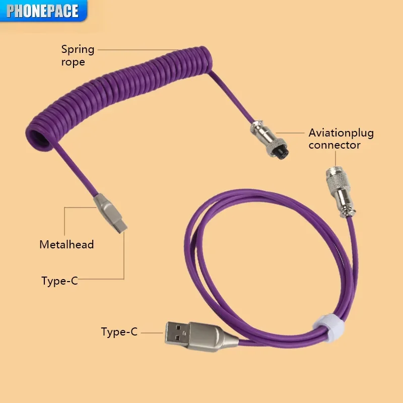 USB Type C Coiled Cable for Mechanical Keyboard, 3M Max Aviator Aviation Connector Cord for Desktop Computer
