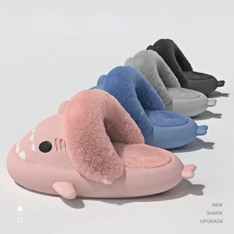 2024 Winter Shark Slippers Vrouwen klappen platform Zachte antislip kamer Schoenen Warme Pluizige sandalen mannen familie cloud pluche indoor