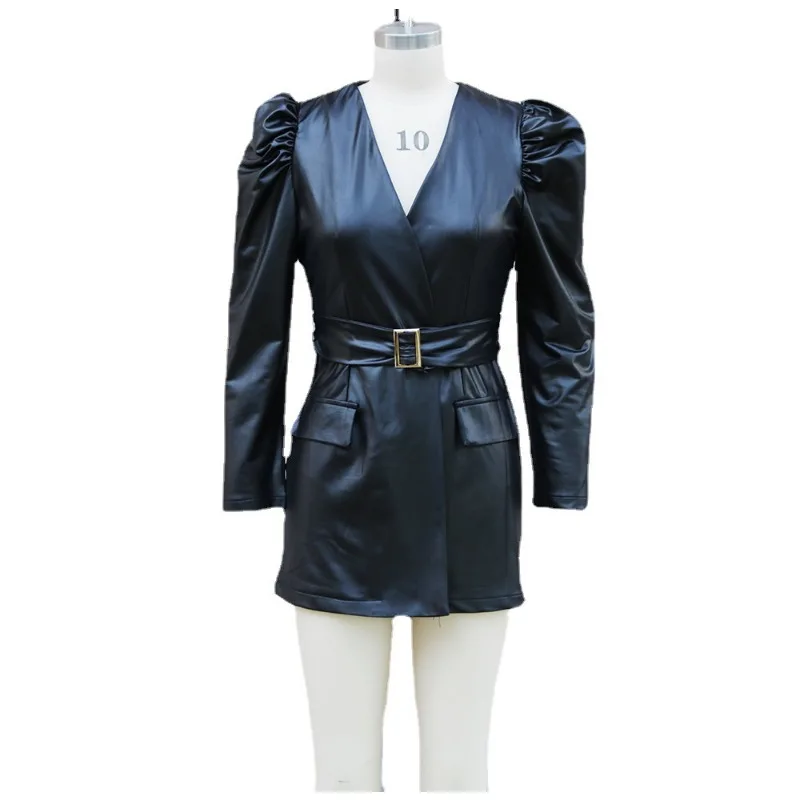 Trend PU Leather Dress Women scollo a v manica lunga a sbuffo abito Slim Fit contenente cintura a vita alta Office Lady Mini PU Dress