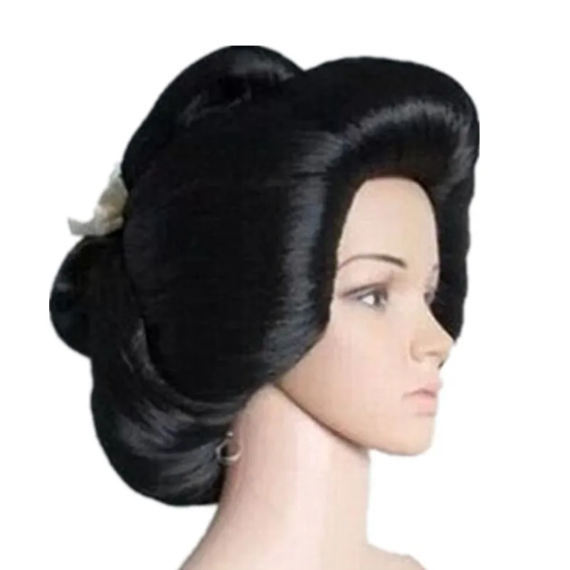 Geisha cabelo sintético Cosplay peruca, preto, japonês, linho, diária