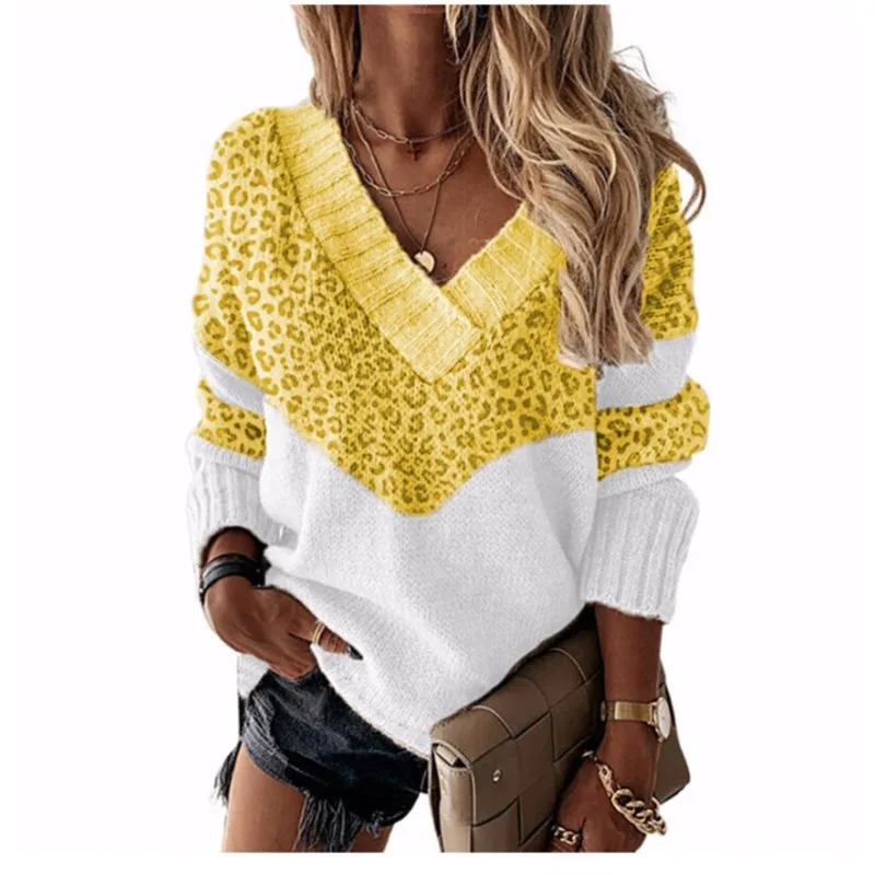 2026 New Women's Autumn And Winter Pullover Leopard Print Patchwork V-neck Fashionable Casual Versatile Daily And Retro Pullover