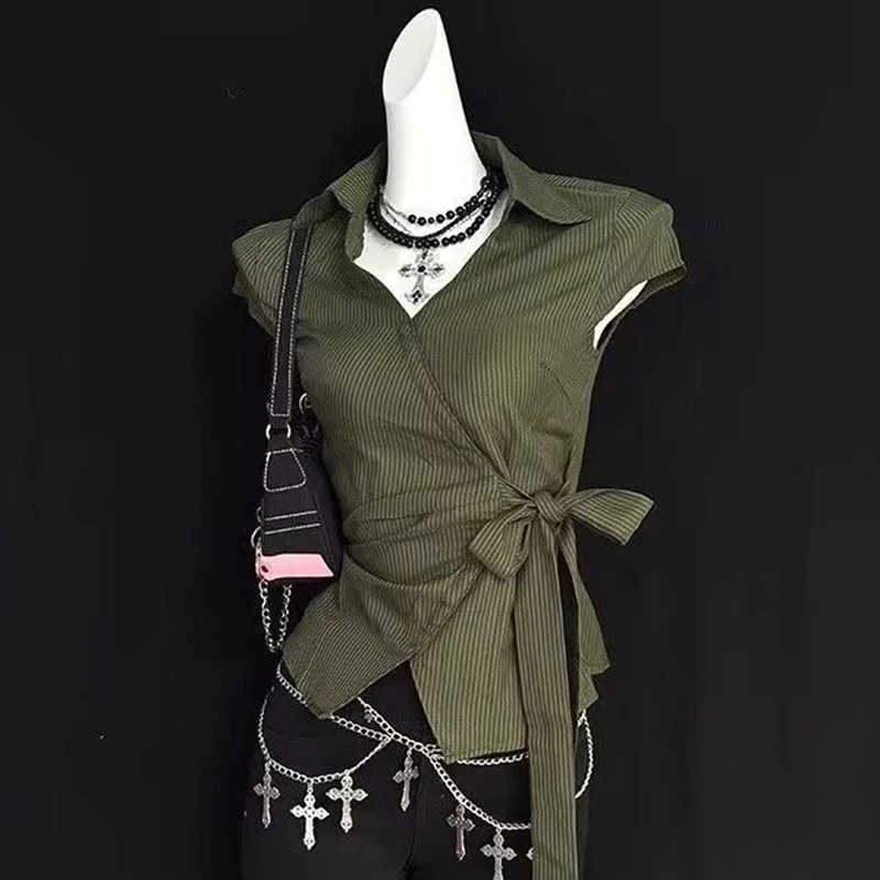 MEXZT Vintage Cropped Striped Shirts Women Y2K Harajuku Irregular Bandage Blouses Summer Japanese Short Sleeve Slim Design Tops