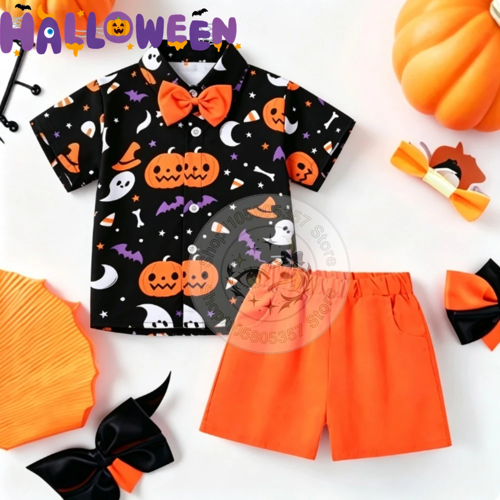 Halloween Pumpkin Moon Print Bow Tie Shirts+Shorts Full Set Halloween Carnival Party New Year Casual Costume