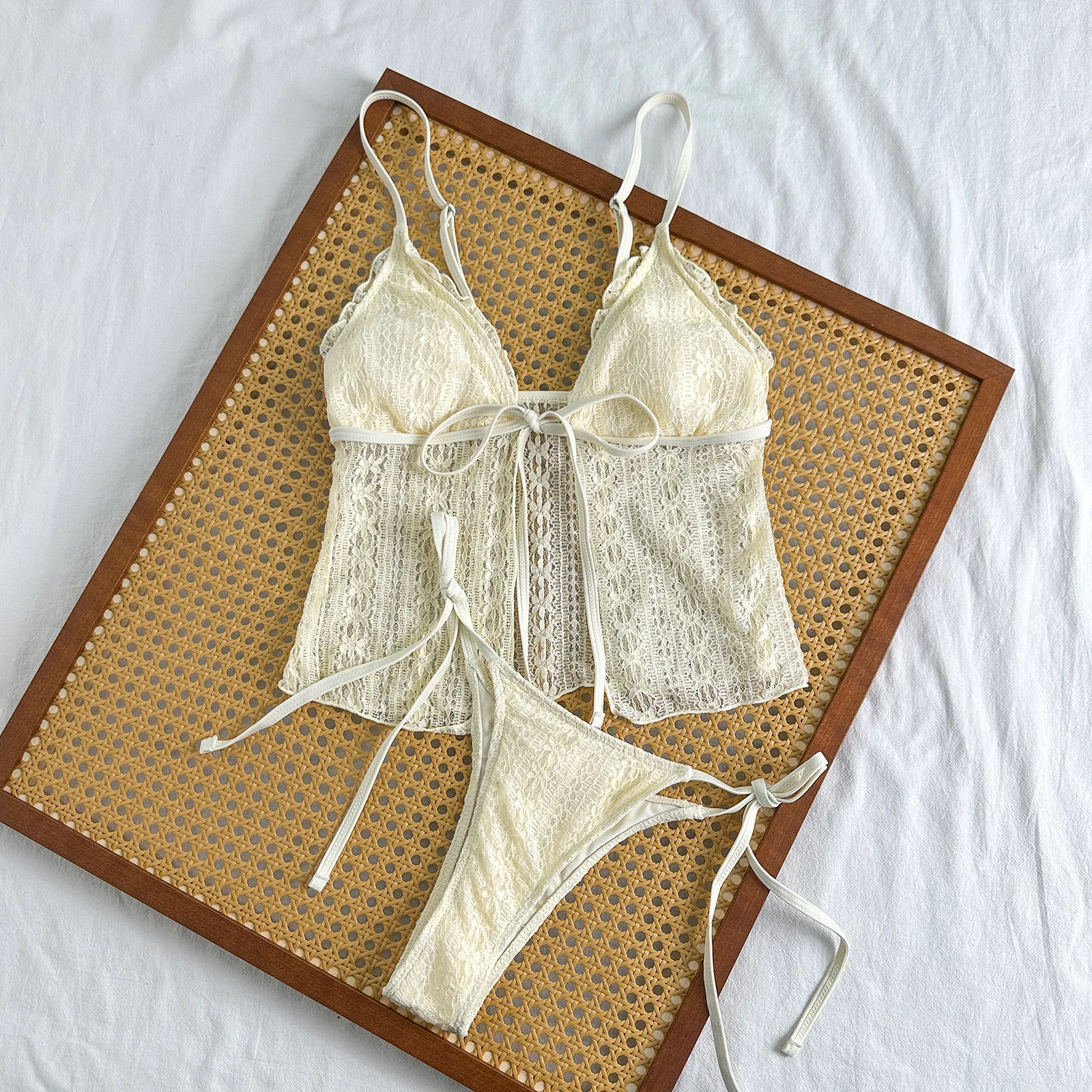 2026 New Women 2‑Piece Lace Cami Bikini Set Front Tie Camisole Top Tie‑Side Bathing Suit For Brazil Beach Pool Summer Swimwear