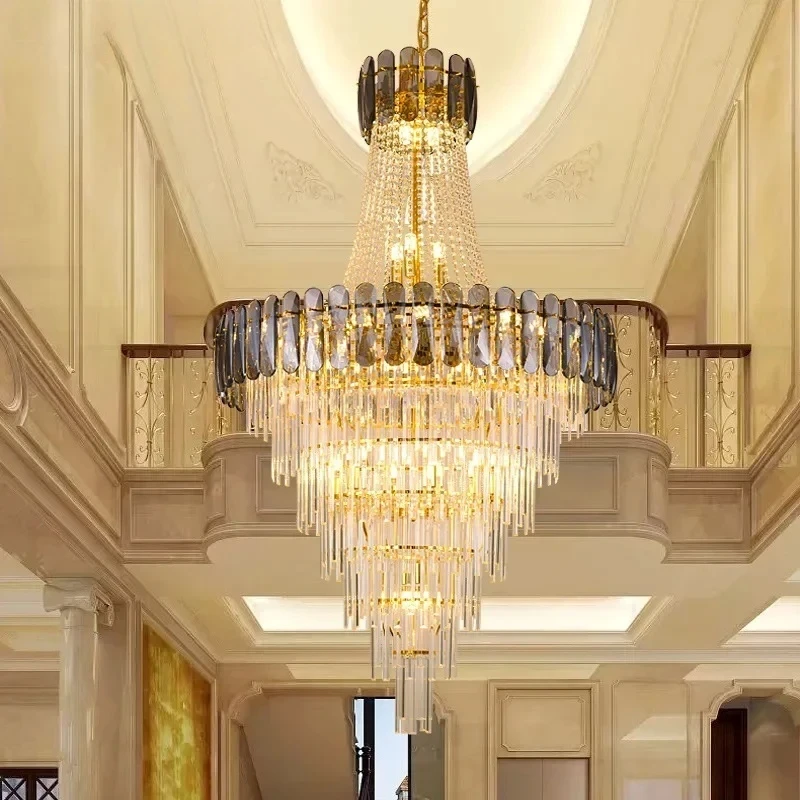 

Duplex Living Room Large Chandelier Nordic Postmodern Light Luxury Crystal Staircase Long Chandelier Hotel Villa Loft Lighting