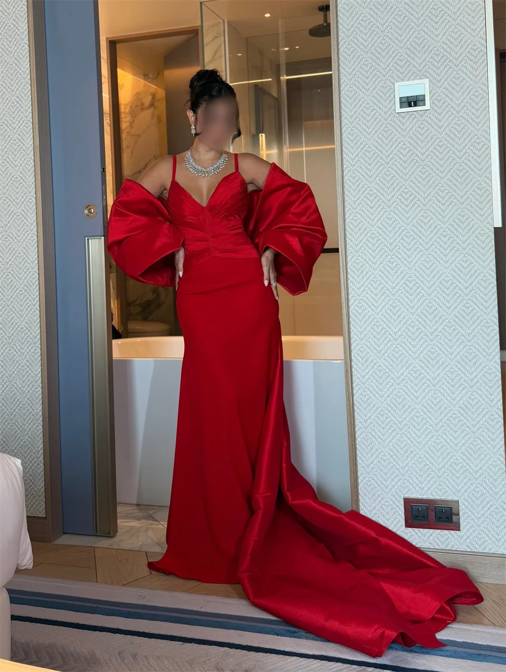 تخصيص بسيط الأحمر جيرسي مساء اللباس الرسمي الحبيب أكمام فساتين المشاهير مثير حورية البحر قطار المحكمة فستان كوكتيل #2