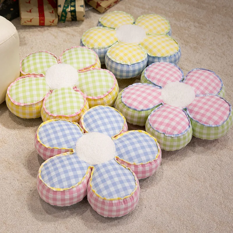 40/50cm Check Pattern Flower Plush Pillow Stuffed 5-petal Plant Cushion 4 Colors Sofa Chair Indoor Floor Decoration Gift