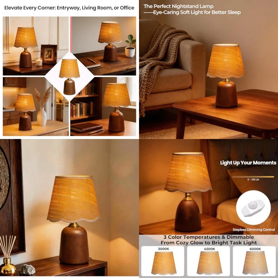 

11.4" Walnut Style Small Table Lamp, Boho Bedside Lamp for Mid-Century Modern Decor, 3-Color Dimmable Woven Shade, Aesthetic Ni