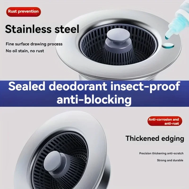 مصفاة حوض مطبخ من الفولاذ المقاوم للصدأ محملة بنابض غير قابلة للانسداد، محكمة الغلق لإزالة الروائح الكريهة، ملحقات مصفاة الصرف #5