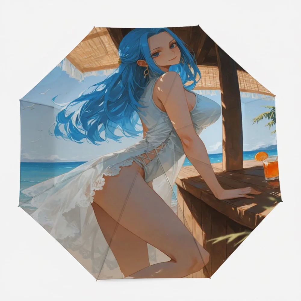 

One Piece Nefertari Vivi Blue Hair White Beach Dress Tropical Bar Background Orange Cocktail Anime Art Automatic Folding Umbrell
