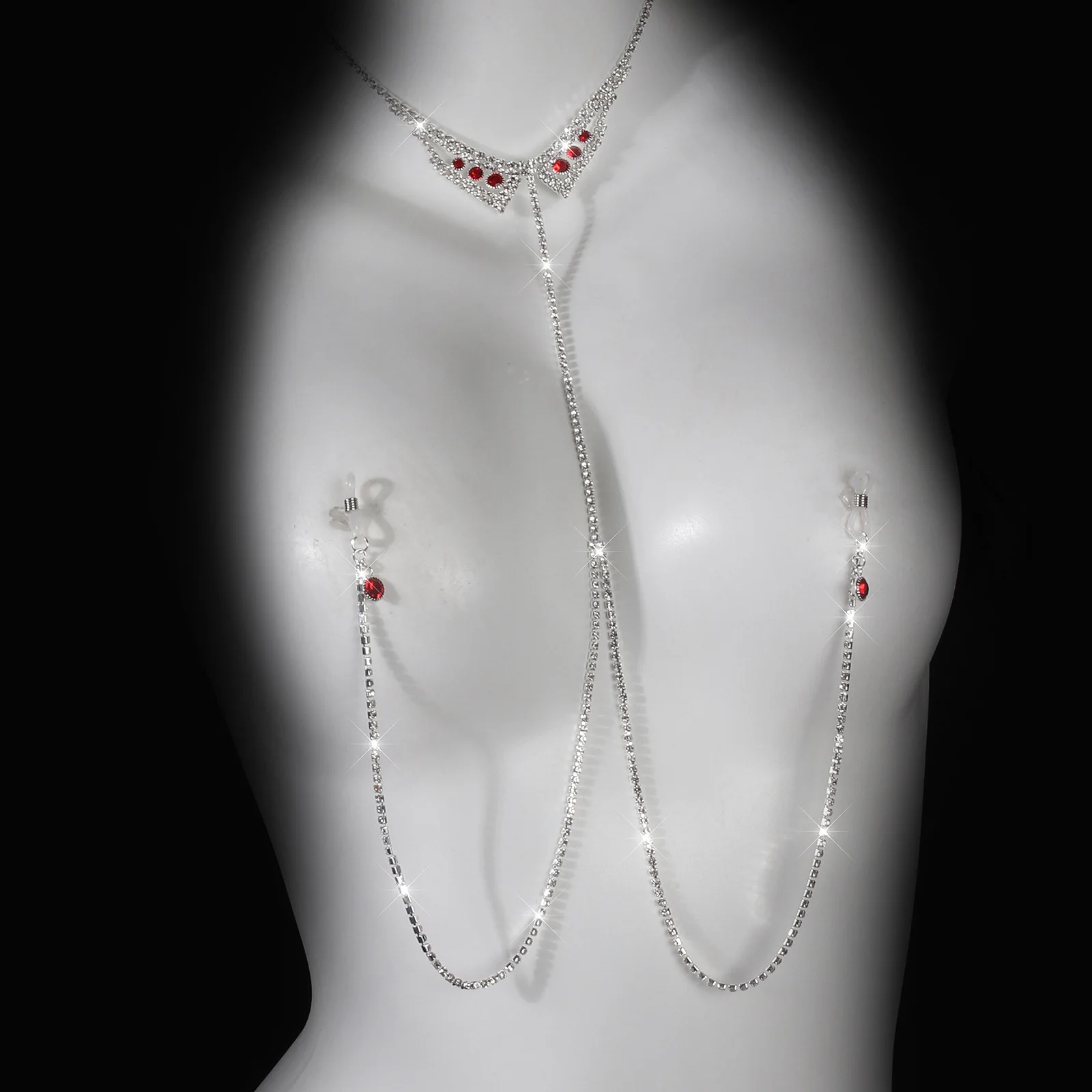 Rhinestone Red Gem Collar Body Chain Dazzling Neck To Nipple Jewelry Crystal Linked Strand Charming Corset Nightwear Ornament