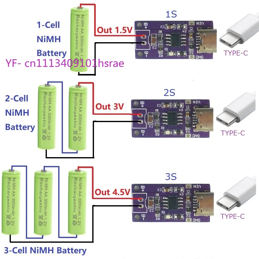 Type-C NiMH Battery Charger Module, 1/2/3-Cell 100mA/500mA/800mA for 1.2V 2.4V 3.6V Nickel-Metal Hydride Battery